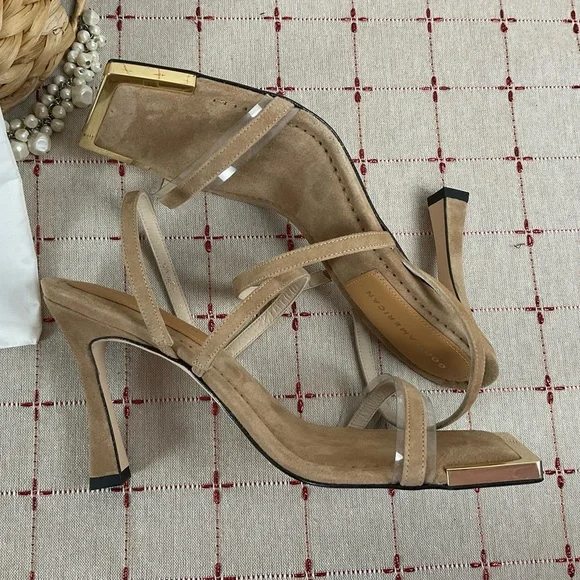 Good American Suede Strappy Heels Gold Square Toe Sz 9 Light Brown Leather New - Picture 5 of 8